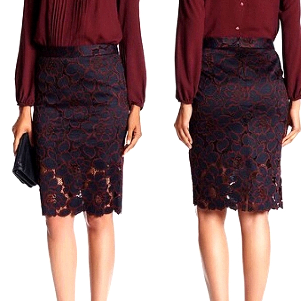 Trina Turk Navy Burgundy Floral Crochet Lace Overlay Pencil Skirt XS